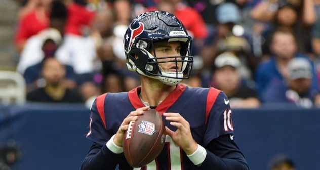 HOUSTON, TX - OCTOBER 10: Houston Texans quarterback Davis Mills (10) looks to throw downfield during the football game between the New England Patriots and Houston Texans at NRG Stadium on October 10, 2021 in Houston, Texas. (Photo by Ken Murray/Icon Sportswire via Getty Images